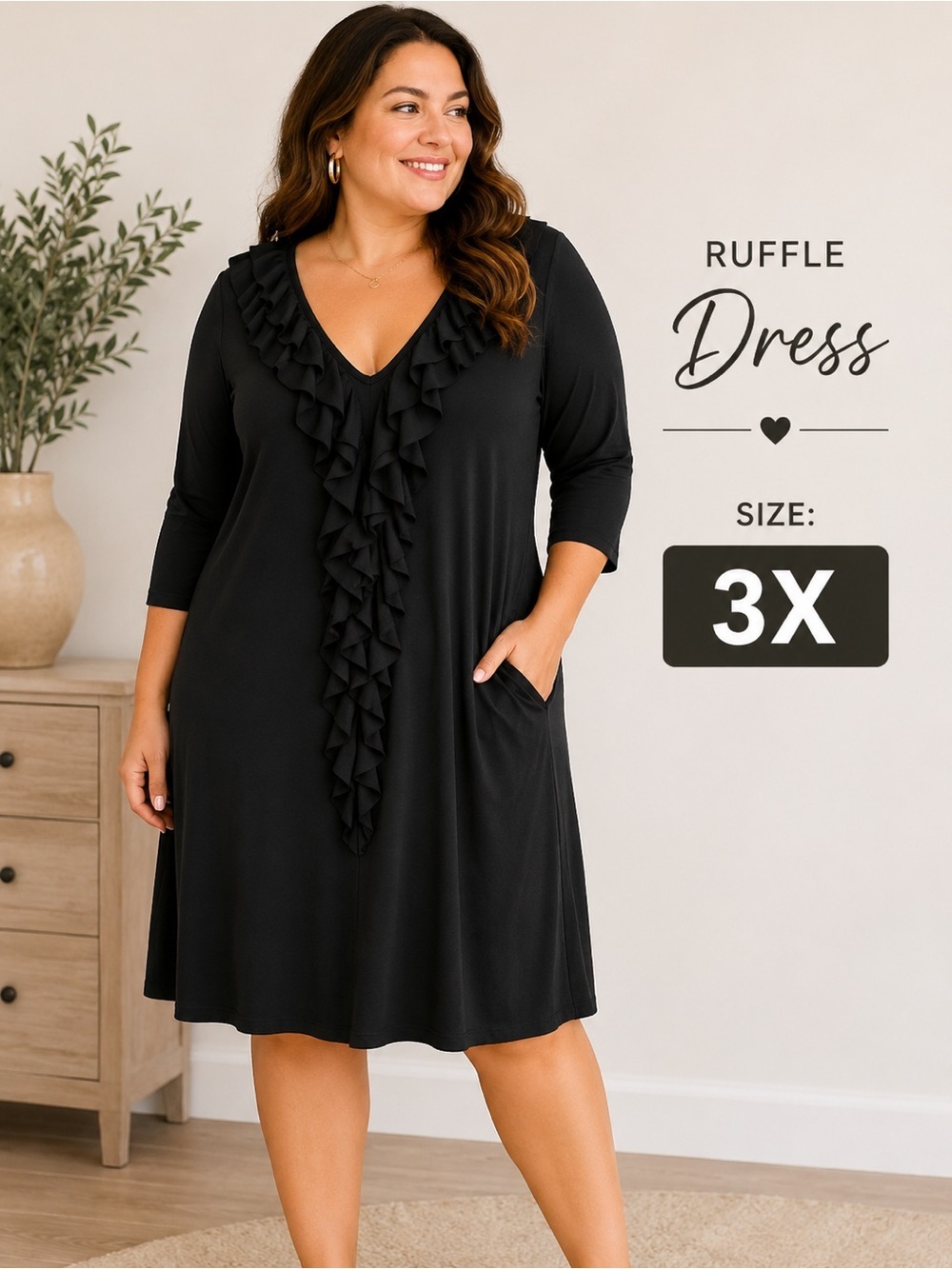 Forever woman Black Ruffle V-Neck Women’s Dress 3X Pit 21”
Length 38” stretchy